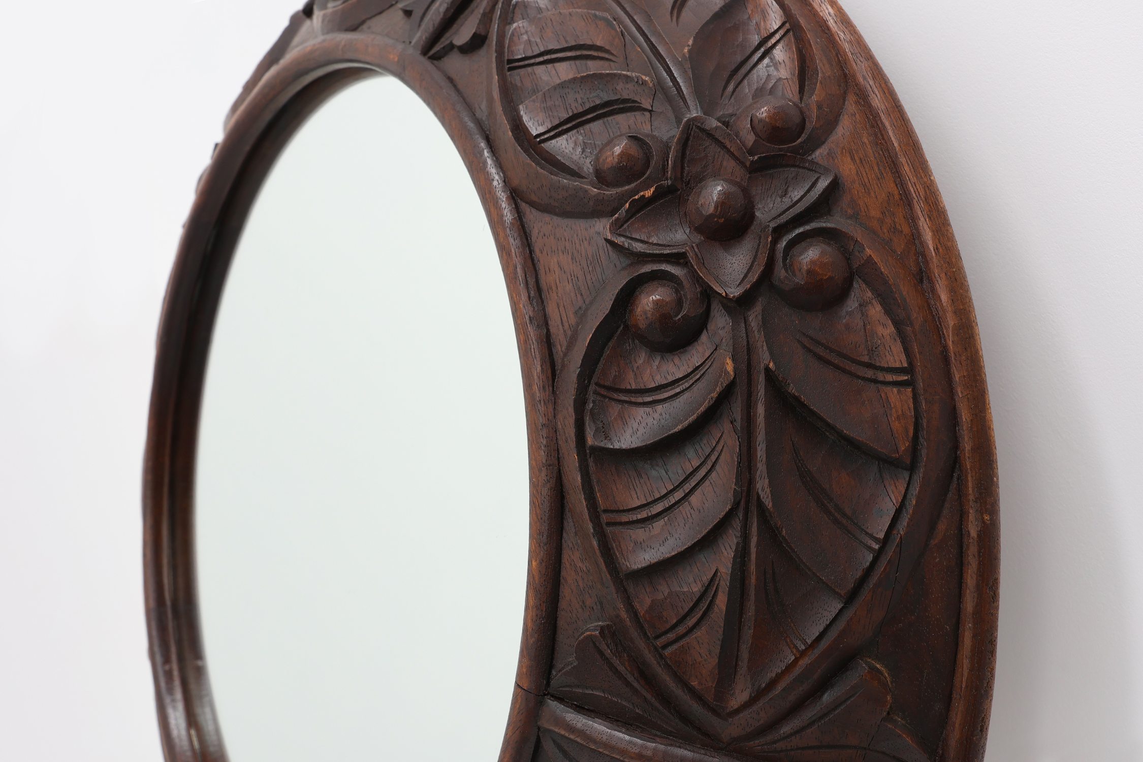 Large oak rustic wall mirror with floral carvings, France 1900sthumbnail